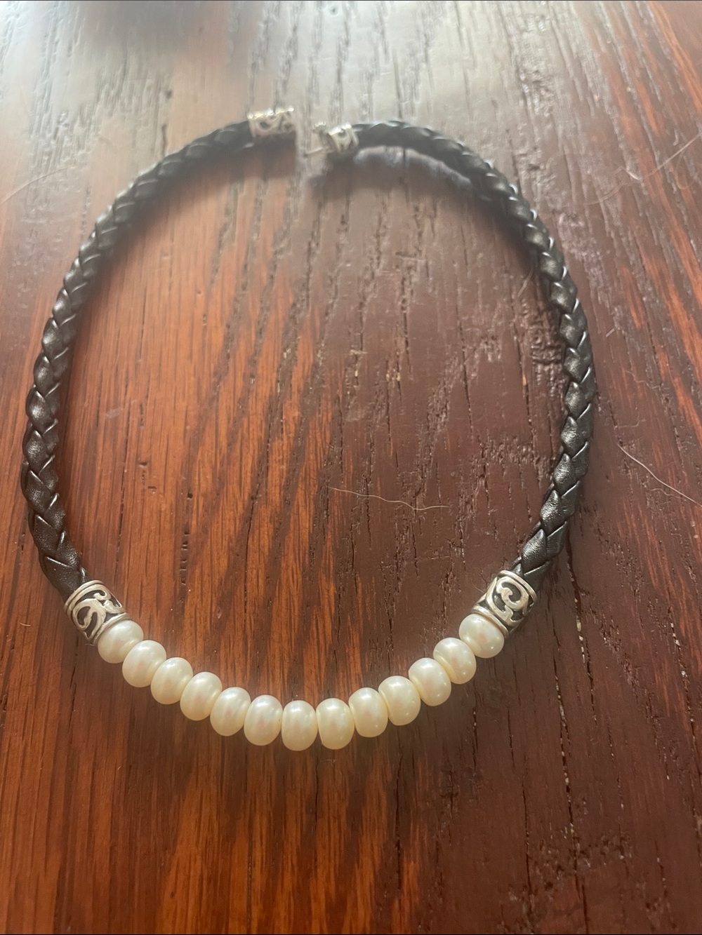 Pearl Bead Necklace on Black Braided Leather Choker